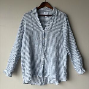 100% Linen Jones New York Blue and White Striped Button-Down Shirt Women’s Large